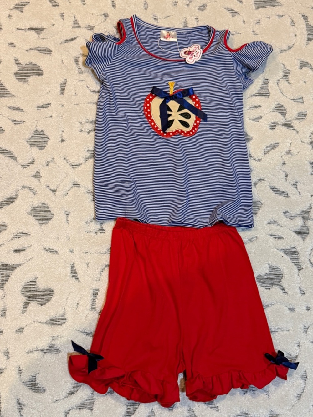 NWT Ruffle Girl Blue Stripe Apple Top & Red Ruffle Shorts Set size 12